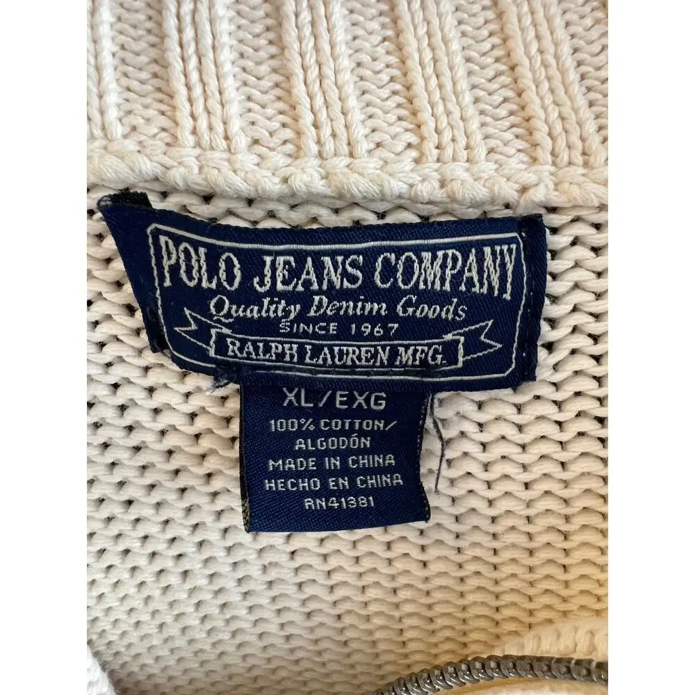 Polo Jeans Company White Long Sleeve Zip Placket Cotton Pullover Sweater Size XL
